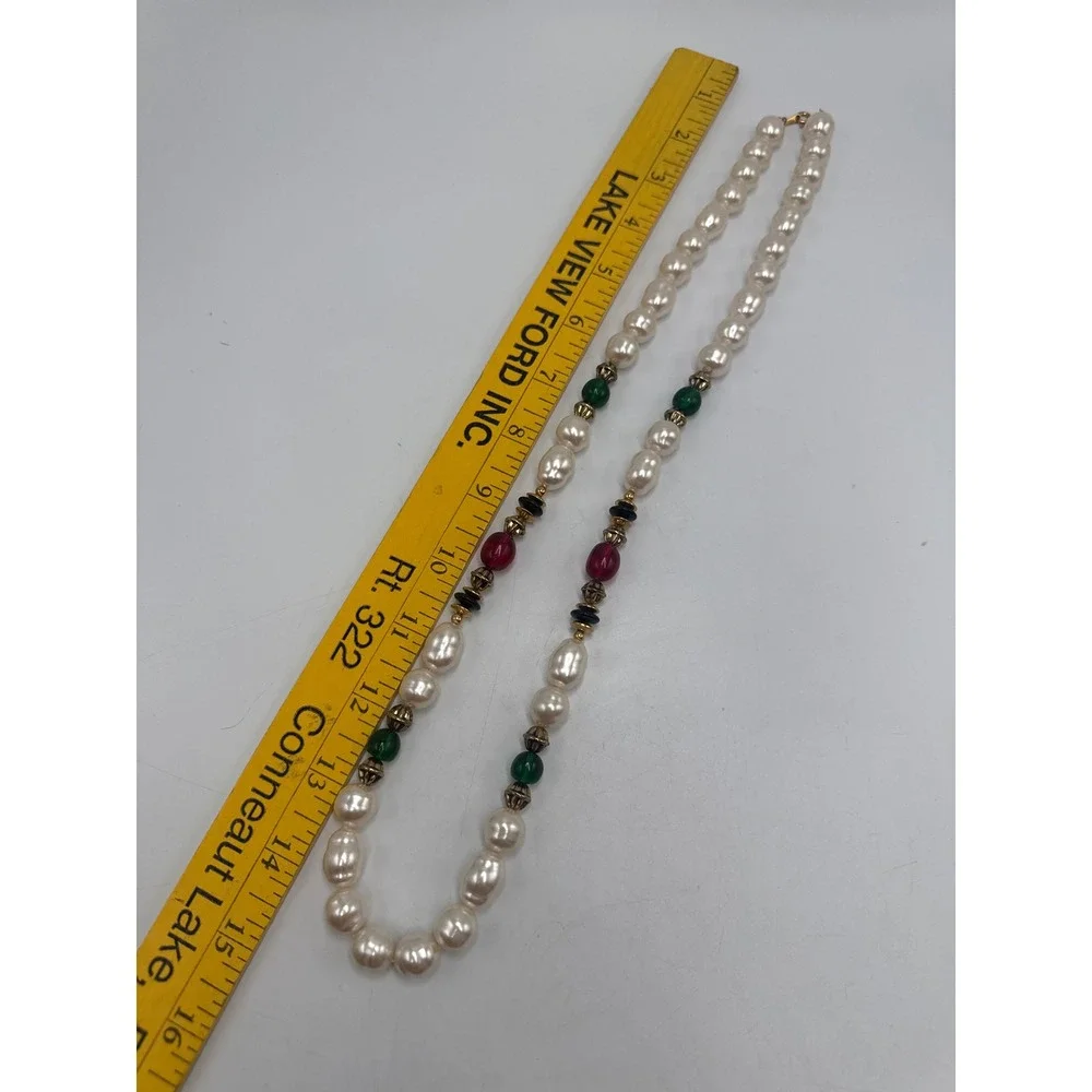 Vintage‎ Faux Pearl Necklace Jewel Tone Green Red Black Gold Tone Bead 30 Inch